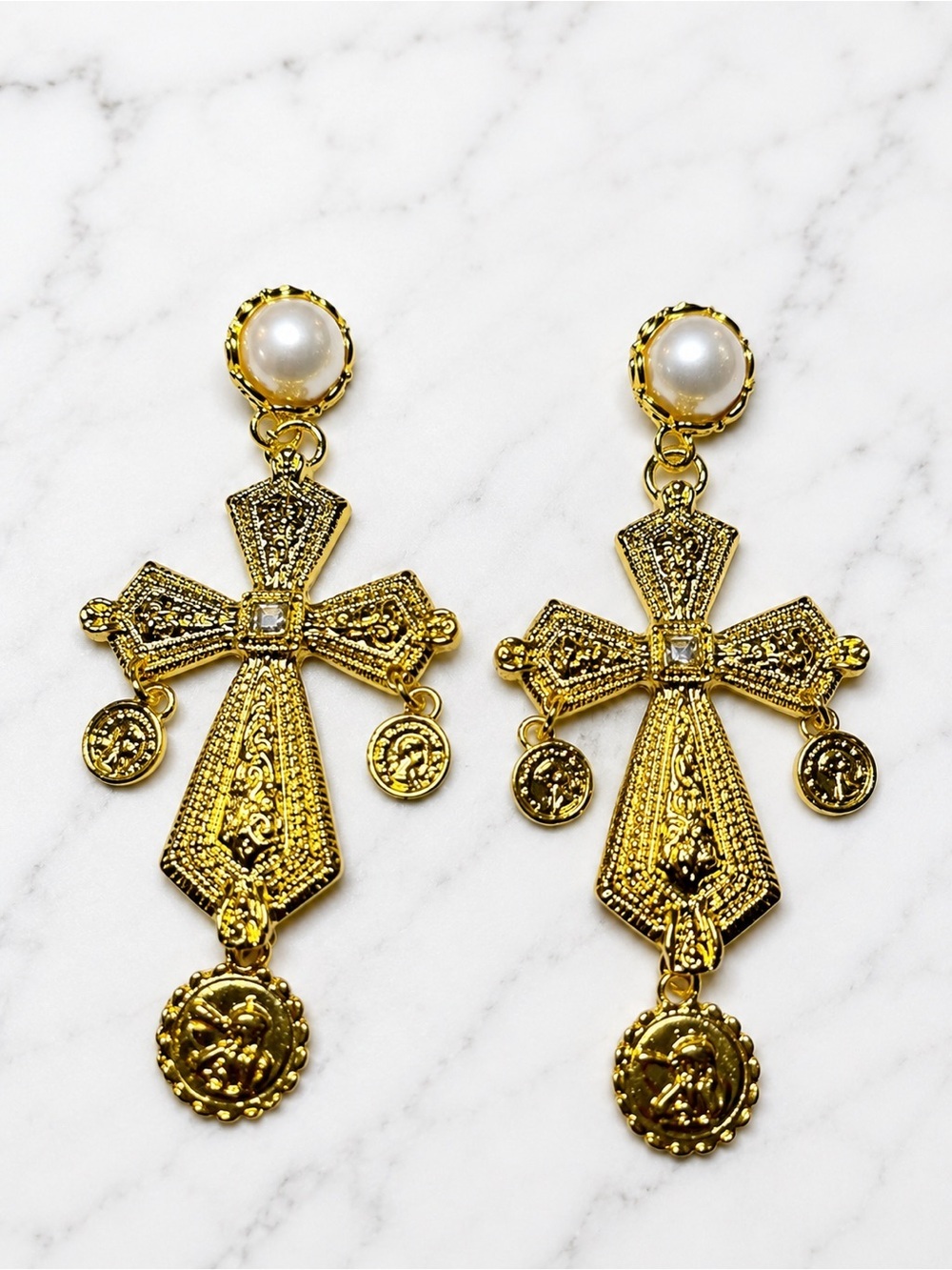 Vintage Palace Style Pearl Cross Drop Earrings – Gold Tone Statement Earrings - Picture 2 of 6